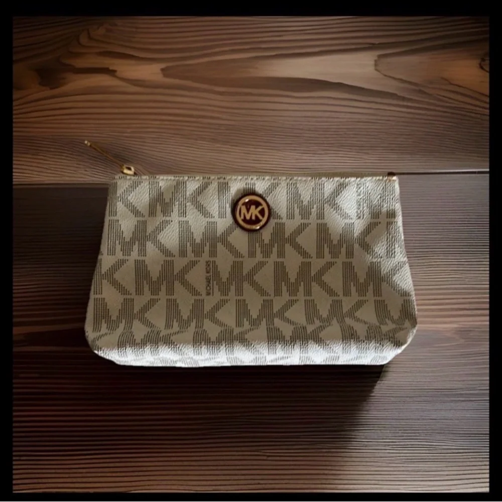 Michael Kors Beige Monogram Cosmetic and Card Pouch Set with Tan Leather Trim